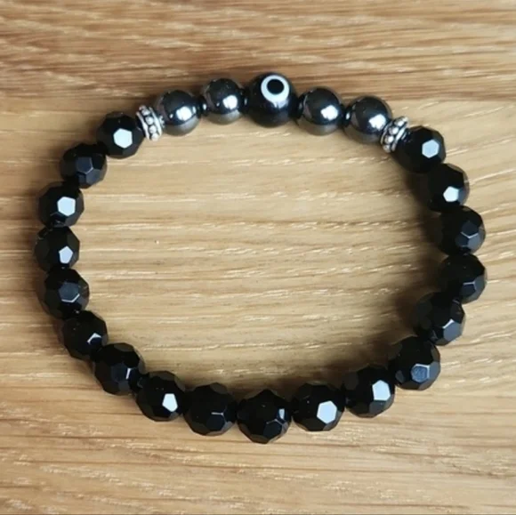 SOLD Black Onyx, Hematite & Black Evil Eye Beads Bracelet - Picture 2 of 11